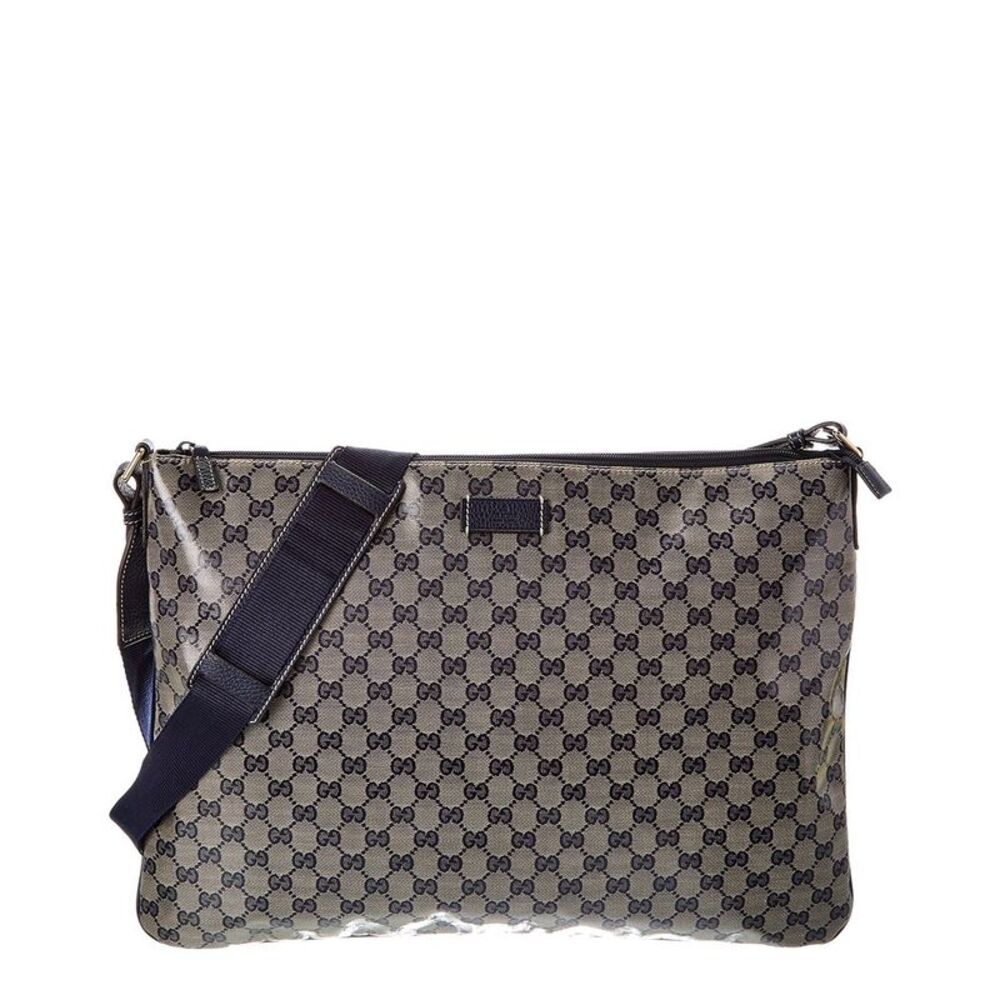 Gucci Navy Canvas & Leather Wide Flat Messenger (Authentic Pre-Loved)